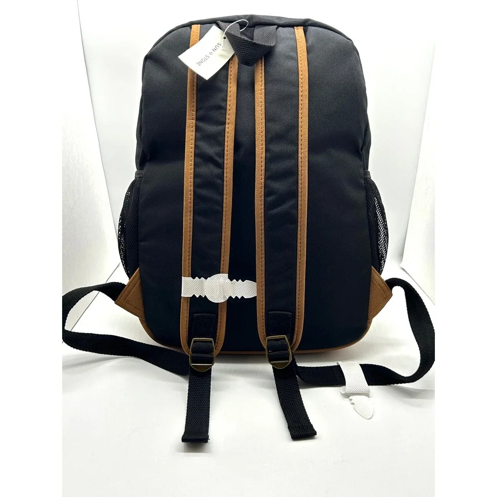 Sun + Stone Canvas Backpack Black Brown Faux Suede Bottom School Bag NEW